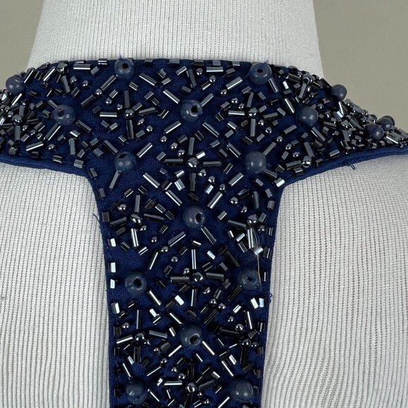 Alex Evenings Dress 4P Navy Blue Pleated Beaded Halter V-Neck Padded Bust Party - Picture 9 of 13